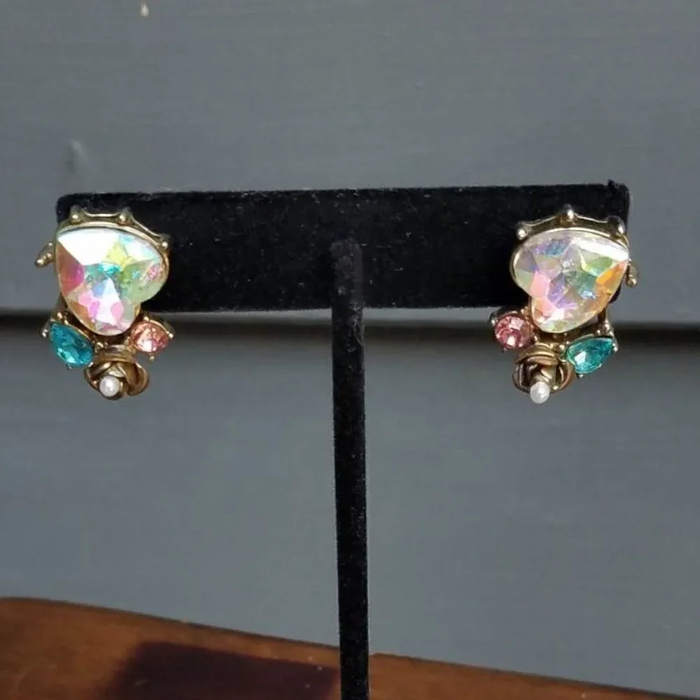 Betsey Johnson Crystal Heart Rose Cluster Pierced Earrings